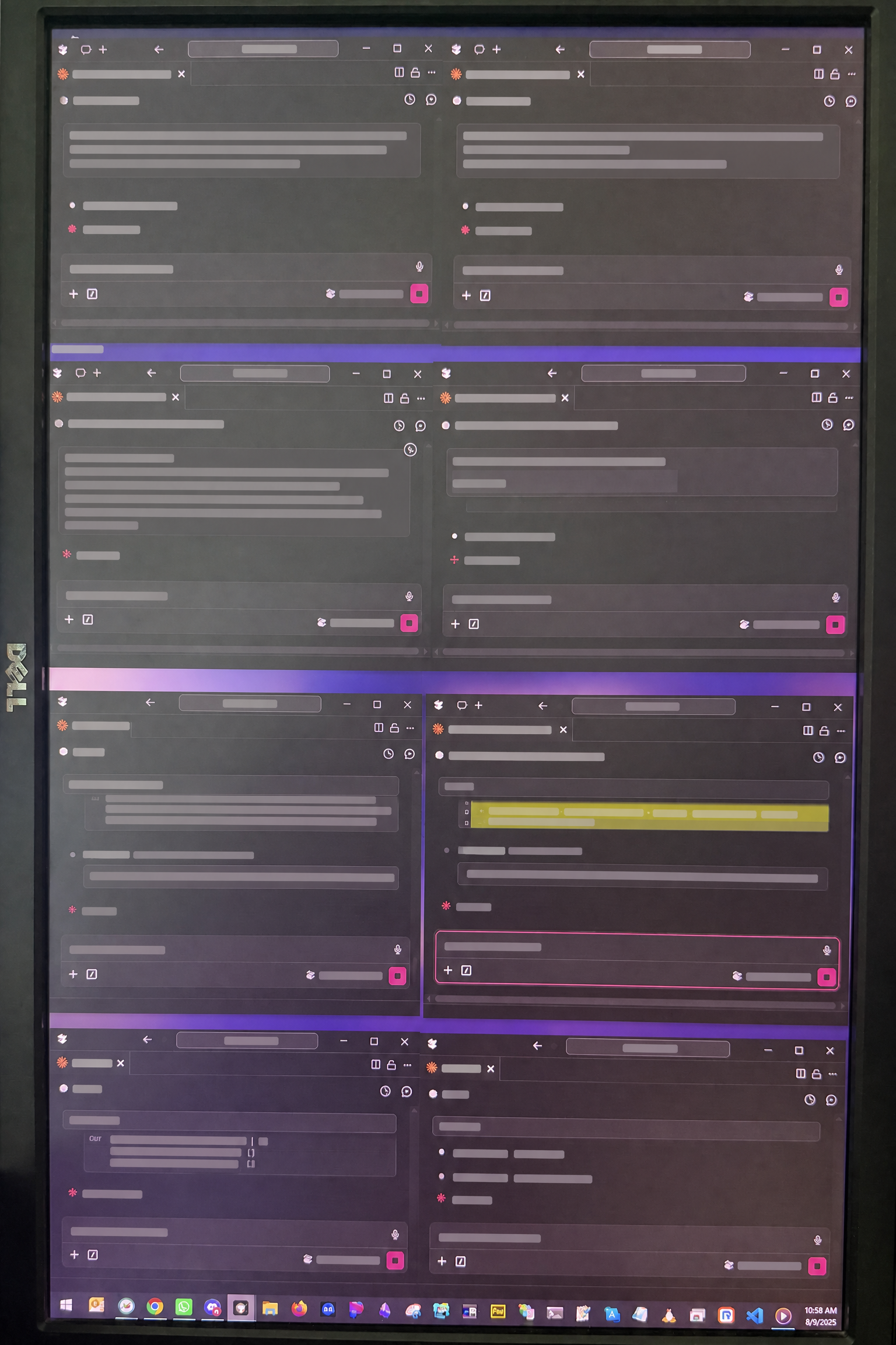 Redacted photograph of a monitor showing several parallel AI work sessions.