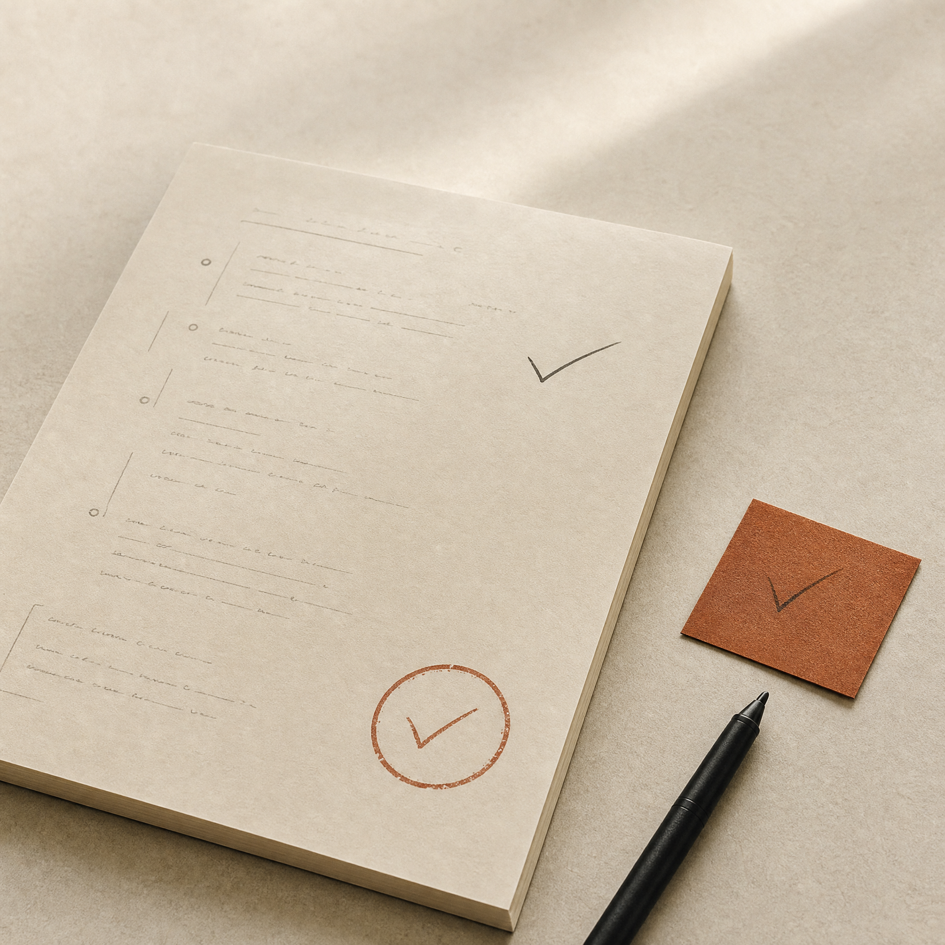 Editorial detail of an approval checkpoint beside a prepared document.