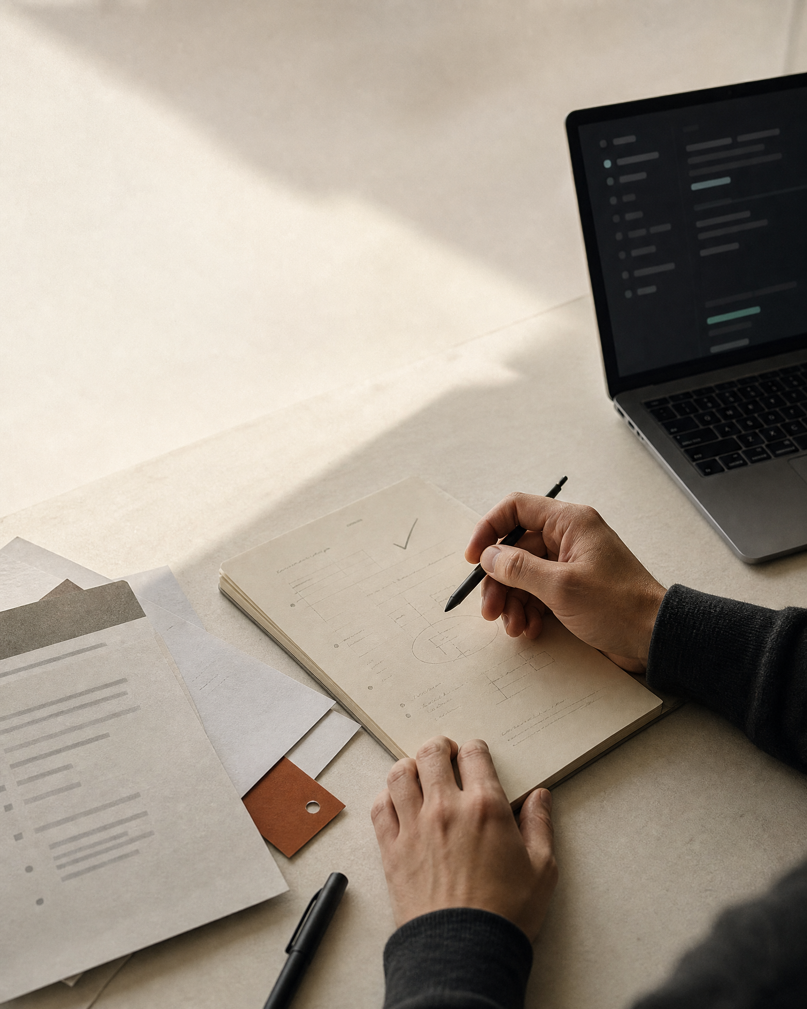 Editorial work moment showing a person reviewing a notebook beside prepared materials.