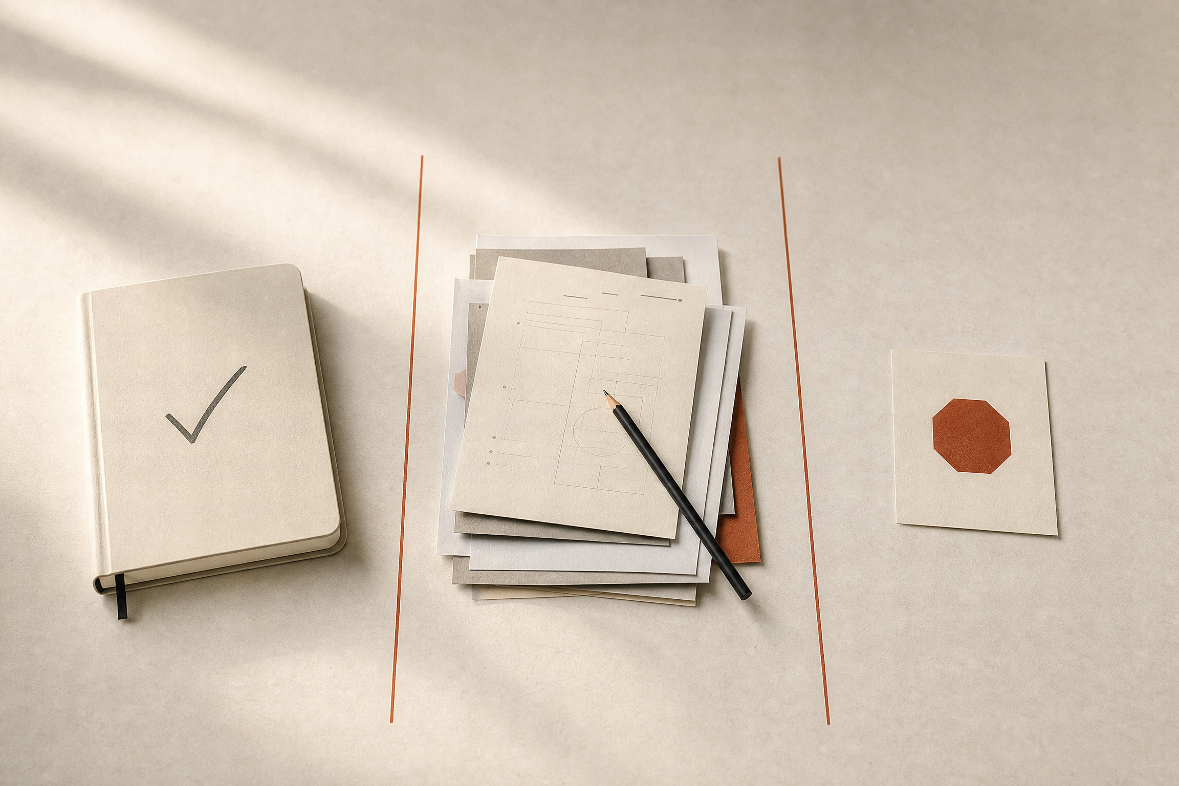 Editorial field-card visual showing a decision, prepared work, and a stop point.